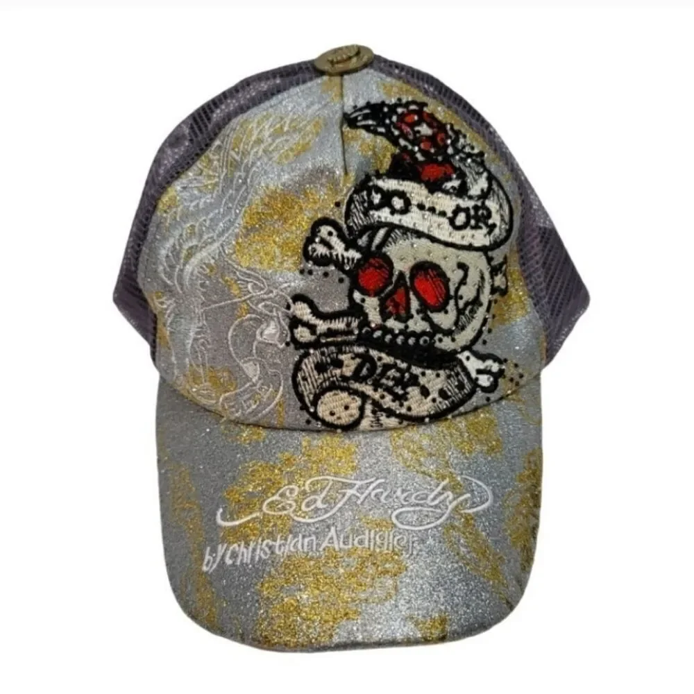 New Vintage Ed Hardy Christian Audigier Embroidered Rhinestone Snapback Hat